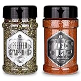 Ankerkraut Pfeffer Symphonie, 160g im Streuer, Pfeffermischung grob gestoßen, veredelt mit Rosa Beeren und Piment & Magic Dust, 230g im Streuer, BBQ-Rub G