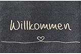 Willkommen Fußabtreter Außenbereich und Fußmatte Innenbereich I Rutschfester Teppich I Schmutzfangmatte waschbar Grau I Fussmatte 50 x 75 cm groß