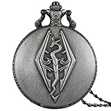 GJJSZ Taschenuhr The Elder Scrolls V Thema Retro Bronze 3D Dragon Design Quarz Taschenuhr mit Halskette Kette für Jungen Skyrim Anhänger Geschenk