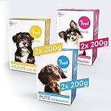 Mr. Fred- Hundefutter nass | Super Premium Nassfutter für Hunde | Probierbox 6 x 200g | Lebensmittelqualität | Rind, Huhn, Pute | wiederverschließb