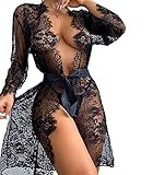 Frauen Sexy Braut Dessous Set 2 StüCk Spitze Robe V-Ausschnitt Chemise Exotic Open Front Negligé Babydoll Body (XL,Schwarz)