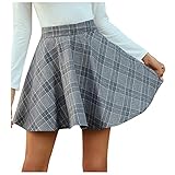 GilRu Damen Casual Plaid Rock Hohe Taille Plissee Minirock Mode A Linie Swing Kurz Rock, grau, 48