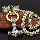 QZY Gold & Silber Wolf König Kette Mit Mjolnir Halskette, Männer Nordischen Wikinger Amulett Anhänger Thor Hammer - Große Byzantinische Kette,Square,60CM 24 INCHES