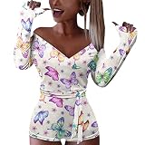 GFGHH Classics Damen Ladies Off Shoulder Short Jumpsuit Sommer Blumen kurz Overall Elegant V Ausschnitt Playsuit Strand Spielanzug Kurz Playsuit Vintage Overall Romper Sexy Shorts Hose Hosenrock
