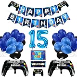 15. Geburtstag Dekoration für Jungen, Gaming Dekoration Luftballons, Controller-Ballons und blau-schwarze Ballons, HAPPY BIRTHDAY GAMEN ON WELCOME Banner Videospiel Party Dekoration fü