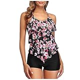 MOMONIHAO Damen Tankini Zweiteiler Badeanzug High Waist Set Rüschen Elegant Sportlich Strandbikini Sommer (Rosa,XL)