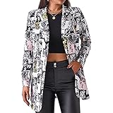 ORANDESIGNE Damen Casual Lange Ärmel Vorne Offen Blazer Poster Blumenmuster Leopardenmuster Seitentaschen Arbeit Suit Büro Jacke F Grau XXL