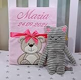 GESCHENKSET Babydecke mit Namen und Datum Bestickt + Wärmekissen + Geschenkbox (Rosa Teddybär + Wärmekissen)