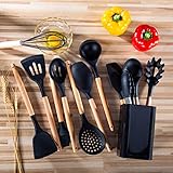 Bezal - Küchenutensilien-Set, (11-teiliges Set mit Halter) Silikon Kochutensilien Set – Premium Holzgriffe mit Antihaft-Silikon hitzebeständiges Kochgeschirr zum Kochen und Back