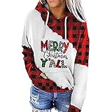 TRIGLICOLEUM Weihnachts Kapuzenpullover Damen Karierter Spleiß Hoodie Oberteile Bunter Merry Christmas Schriftzug Kapuzenpulli Gitter Langarmshirt Tops Weihnachten Sweater Sweatshirt mit Kordelzug