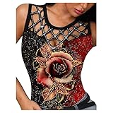 Overdose Damen T-Shirts Strass Hohl Tshirt Ärmellos Basic Shirt Rundhals Bluse Drucken Tops Sommer Oberteile Mode Tunika Casual Blusen Hemd für Frauen(rot,XL)