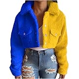 Winterjacke Damen Wolljacke mit Farbblock Patchwork Langärmliger Plüsch Mantel mit Umlegekragen Warmer Fleecemantel Crop Tops Cardigan Bluse mit Knopfleiste vorne Straßen Hipster Übergangsjack