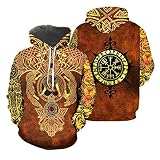 WHH&YZQ Unisex 3D Print Hoodies, Viking Tattoo All Over Printed Hooded, Männer Frauen Tasche Pullover Sweatshirt,Orange,XXL