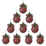 10 Stück Buffalo Plaid Weihnachtskugel Ornamente，3,15 Zoll Sackleinen Stoff Weihnachten Hängende Ornament，Künstliche Red Berry Pine Leaf Christbaumkugeln Bauernhaus Weihnachtsbaum Weihnachtsdek