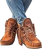 Damen-Stiefeletten, Wildleder, Retro-Stil, matt, luxuriös, mit Quaste, modisch, rutschfest, bequem, 3 Fußgewölbe, lässige Fransen für niedrige Absätze, flache und kurze S