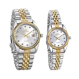 JewelryWe 2pcs Paar Uhr Analog Quarz Kalender 30M Wasserdicht Partner Armbanduhr Edelstahl Armband Herren Damen Uhren mit Silber Strass Zifferb