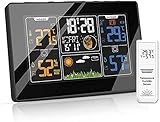Conpush Wetterstation mit Außensensor,Funkuhr Digitales Farbdisplay DCF-Funkuhr Thermometer-Hygrometer für Innen und außen Multifunktionale Funkwetterstation mit Wettervorhersage, Wecker und M