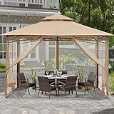 ABCCANOPY 2.5x2.5m Gartenpavillon für Terrasse Doppeldachweichdach Garten Hinterhof-Pavillon mit Netz für Schatten und Regen,Khak