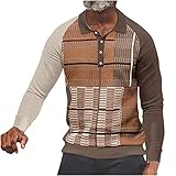 Modische Poloshirts für Herren, langärmelig, Umlegekragen, Knopfleiste, bedrucktes Sweatshirt, gestreifter Druck, ethnisch, Opa, Oberteil, Übergröße, lockere Passform, beige, XL