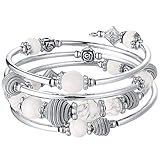 Silber Wickelarmband mit Naturstein Perlen Boho Mehrschichtiges Damen Armbänder Geburtstags Modegeschenk für Frauen(Howlite)