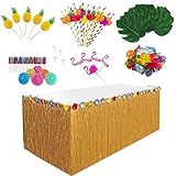 HBell 77-teiliges Hawaii-Gras-Tischrock-Set für tropische Party-Dekoration, Palmblätter, hawaiianische Blumengirlande, bunte Regenschirme, Papier-Ananas, 3D-Obst-Strohhalme, Garten, G