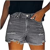 XJWJD Damen Jeans Shorts, Casual Denim Shorts für Damen Ausgefranste Raw Saum Distressed Ripped Short Jeans mit Taschen (Color : Gray, Size : L)