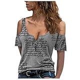 Goosuny T-Shirt Damen Sommer Schulterfrei Oberteile Vintage Drucken Kurzarm Tee Tops Reißverschluss T-Shirts Casual V-Ausschnitt Shirt Hemd Bluse Teenager Mädchen Casual Locker Tunika Top