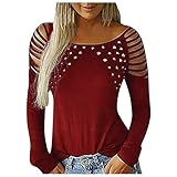 MOMBIY C-Neck Hollow-Out Studded Long Sleeve T Shirts Casual Tops, Wein., S