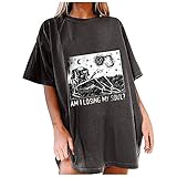 Personalisierbares übergroßes T-Shirt für Damen, Vintage-Grafik, Totenkopf, Sonne, Mond, Sterne, Sommer, lässig, Rundhalsausschnitt, kurzärmelig, lose T-Shirt, Tunika, Y2k, Streetwear, hellblau, XXL