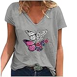 Damen T Shirt Große Größen Sommer Oberteile Graphic Bluse Elegant Damen Oversize Tops Kurzarm V-Ausschnitt Sommer Basic Tops Sommershirt Bluseshirt Tunika (Grau, XL)