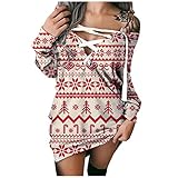 Damen Langarm Pulloverkleid Strickkleid Schulterfrei Partykleid Pullover Kleider V-Ausschnitt Elegant Tunika Kleid Für Herbst Winter Minikleid Sweatshirt Lose Weihnachten Druck Sexy Freizeitk