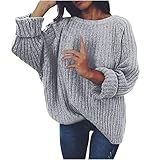 Wave166 Damen Einfarbiges Grobgestrickt Pullover Elegant Freizeit Strickoberteile Herbst Winter Warm Lockerer Sweater Tops Rundhals Langarmshirt Für F