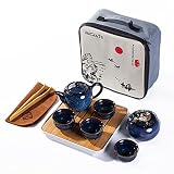 Japanisches Kungfu-Tee-Set, tragbar, Reise-Teeset mit Teekanne, Teetassen, Teedose, Teetablett und Geschenktasche für Reisen, Zuhause, Outdoor, Bü