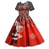 BIKETAFUWY Weihnachtskleid Damen Weihnachten Hohe Taille Maxikleider Damen Spitzenkleid Brautjungfer Party Knielang Cocktailkleid Ärmellos Christmas Ugly Lustige Print Flare D
