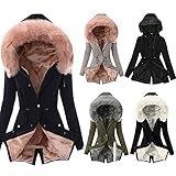 Winterjacke Damen Lang Warm Gefüttert Plüschjacke Damen Mit Kapuze Wollmantel Frauen Schwarz ReißVerschluss Dickere Warm Parka Damen üBergangsjacke Winddicht KäLteschutz Windjacke Elegant Steppjack