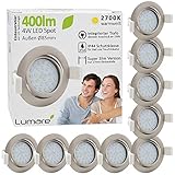 9x Lumare LED Einbaustrahler 4W 400lm 230V IP44 Ultra flach Wohnzimmer, Badezimmer Einbauleuchten silber rund, 68mm EinbauØ Mini Slim Spot warmweiß