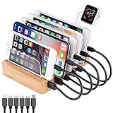 Multi USB Ladestation, GENESS Mehrfach 6 Ports Aufladestation Dockingstation aus Bambus für Mehrere Geräte Handy Tablet Ladestation Smart Organizer Power Bank Kompatibel mit iPhone Android Smartp