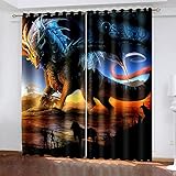 XDJQZX Gardinen Mit Ösen, Für Schlafzimmer Wohnzimmer Kinderzimmer Fensterdekoration, Vorhang Blickdicht 3D Anime Cartoon Drache Muster 200X160 cm 2Er Set Thermo Verdunklungsvorhäng