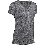 Under Armour Tech Short Sleeve V - Twist, kurzärmliges & atmungsaktives Laufshirt für Frauen, ultraleichtes T-Shirt mit loser Passform Damen, Schwarz (Black / Metallic Silver) , L