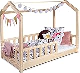 Kinderbett Bett Hausbett 160x200 mit Rausfallschutz Latternost Bettgestell aus Kiefer Holz für Haus Kinder Jungen & Mädchen - Holzbett Baby Kinderzimmer Junge Dek