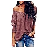 Neu Damen Longshirt Herbst Winter Oberteile Schulterfrei Einfarbig Tshirt Langarm Shirt Bluse Tunika Große Größen(Rot,S)