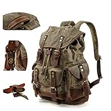 BYEON Mens Waxed Canvas Rucksack Leder Rucksack für Männer Wax Leather Rucksäcke Travel Vintage Bookbag mit Laptopfach Rustikal Large Waterproof Army G