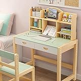 DSHUJC Massivholz Höhenverstellbare Kinder Schreibtisch und Stuhl Set Student Schreibtisch mit ausziehbarer Schublade Aufbewahrung, Federmäppchen, Bücherständer | 