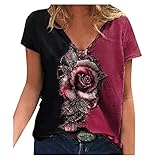 SNKSDGM Sport Tshirt Damen Fitness Damen Oberteile Mode V-Ausschnitt Rose Print Kurzarm Lose Casual T-Shirt Bluse Sweatshirts Hemdbluse L