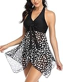 Donppa Damen Badeanzug Bauchweg Tankini Set Badekleid Mesh Neckholder Mit Slip Bademode Push-up Gepolstert(Schwarzer Punkt L)