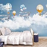 IWJAI 3D Art Wandbild Wandbild Dekorative Wand Poster Foto Wallpaper Blauer Himmel weiße Wolken Flugzeug Heißluftballon Vliestapete Vlies moderne Mustertapete Tapete Wallpaper Tapezier Fototapete selb