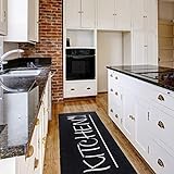 mynes Home Teppich Küchenläufer Kurzflor Waschbar bei 30°C in der Waschmaschine Schwarz Kitchen Schrift| MY3040 | 80x200
