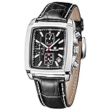 Armbanduhr Herren Uhren Rechteckig Schwarz Lederarmband Wasserdicht - Analog Chronographen Männer Uhren - Sport Silber Edelstahl Gehäuse mit D