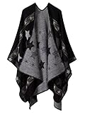 Shmily Girl Damen Poncho Herbst Winter Kariert Capes Patchwork Strickjacke Mehrere Funktion (One Size, Sterne/Schwarz)