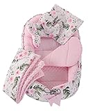 5 teilig Babynestchen Set Babynest 90x50 herausnehmbarer Einsatz Bett Kuschelnest Krabbeldecke Medi Partners für Babys Neugeborene 100% Baumwolle (Blument mit hellrosa Minky)
